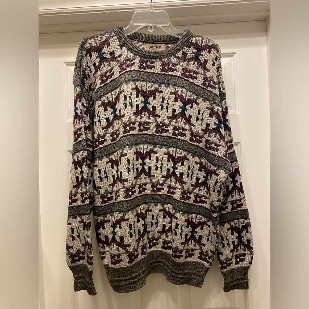 VTG 90s Jantzen Sweater 3D texture Coogie Style Grandpa USA made Abstract Men L